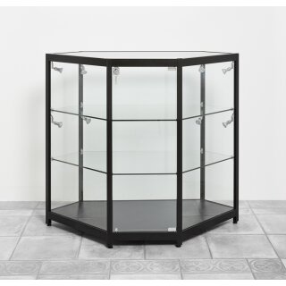 Theken-Eck-Vitrine schwarz, LED Beleuchtung, 75x75x94cm
