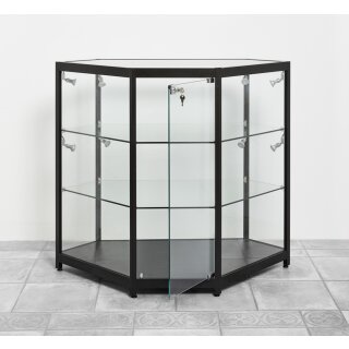 Theken-Eck-Vitrine schwarz, LED Beleuchtung, 75x75x94cm