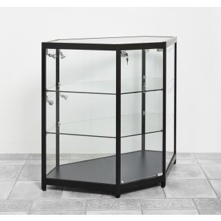 Theken-Eck-Vitrine schwarz, LED Beleuchtung, 75x75x94cm